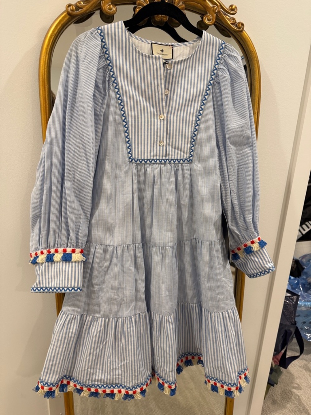 Tuckernuck Light Blue Striped Tassel-Trim Tiered Dress